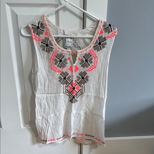 White Sleeveless Top with Pink and Brown Embroidery